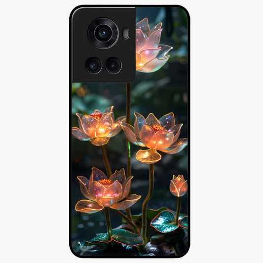 Celestial Lotus Light Glass Case for 1+10R peaceful front view featuring glowing lotus artwork with cosmic backdrop