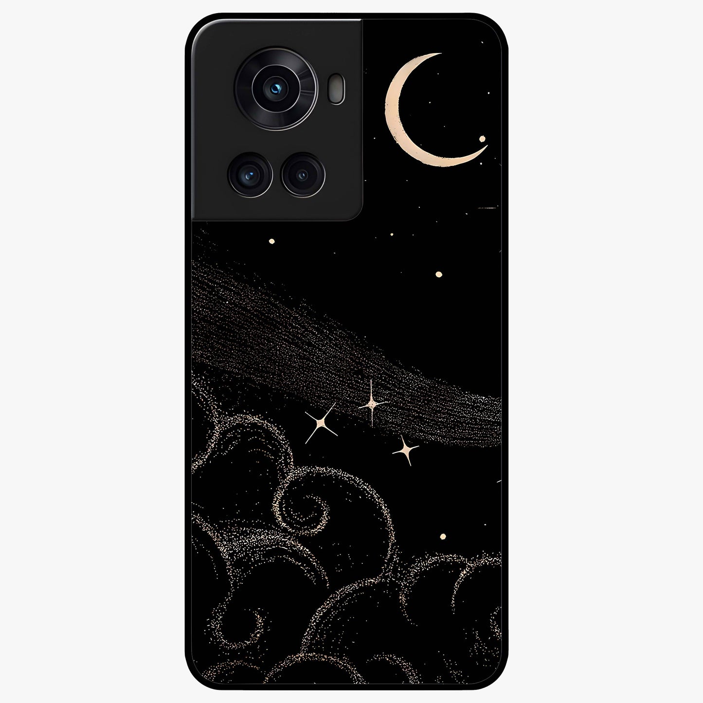 Celestial Midnight Veil Glass Case for 1+10R dramatic front view featuring deep midnight sky artwork