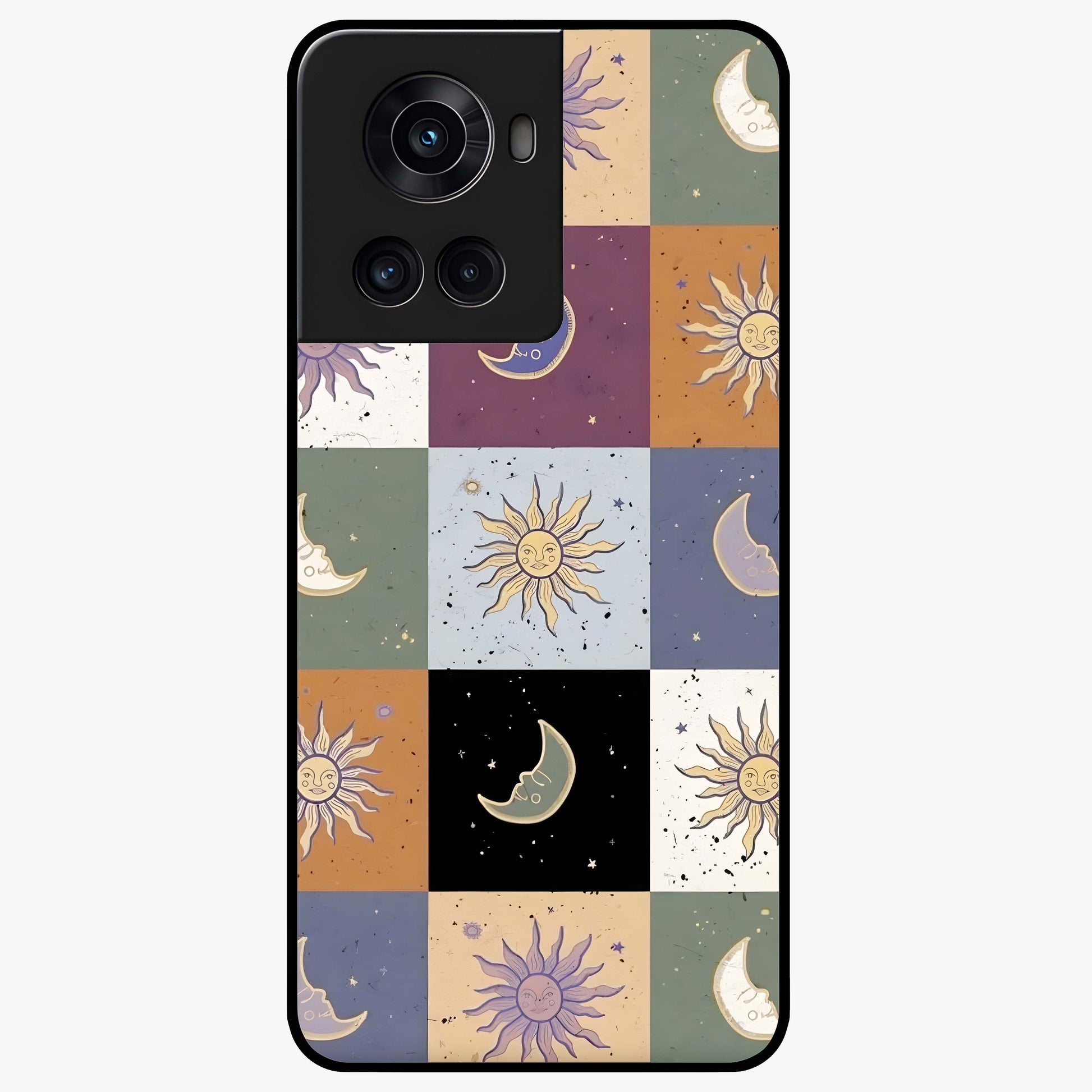 Celestial Patchwork Dreams Glass Case for 1+10R dreamy front view featuring patchwork style cosmic artwork