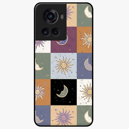 Celestial Patchwork Dreams Glass Case for 1+10R dreamy front view featuring patchwork style cosmic artwork