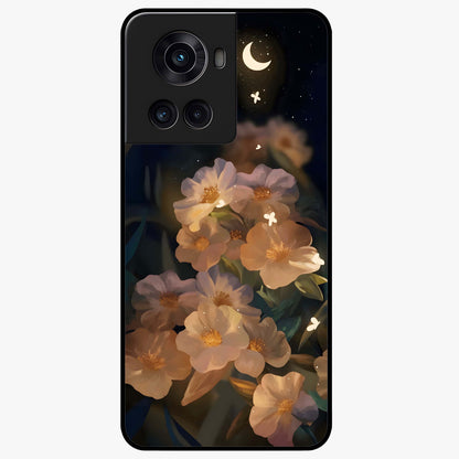 Celestial Petal Night Glass Case for 1+10R elegant front view featuring floral petals against dark night sky tones