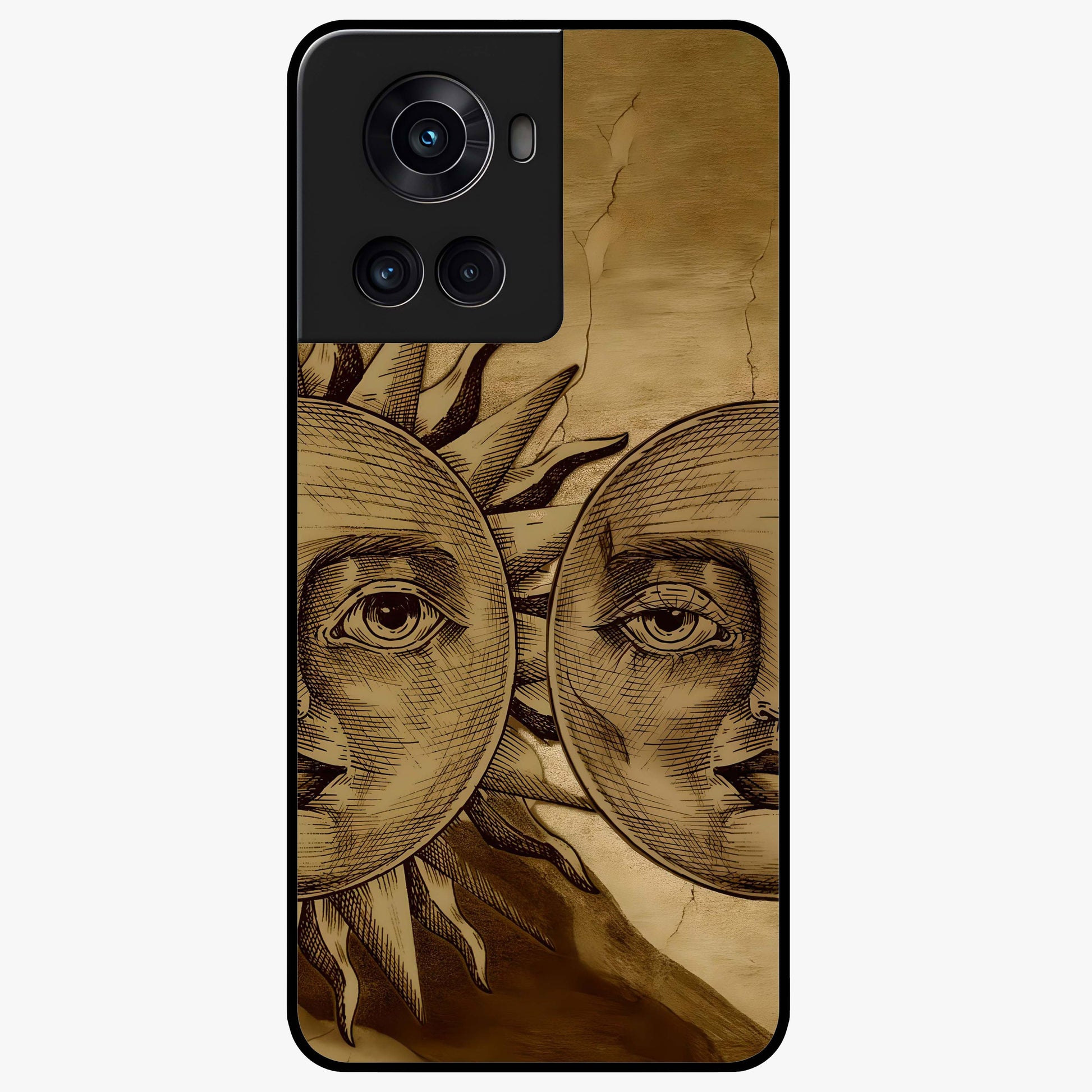 Celestial Relic Glow Glass Case for 1+10R mystical front view featuring ancient relic inspired cosmic artwork