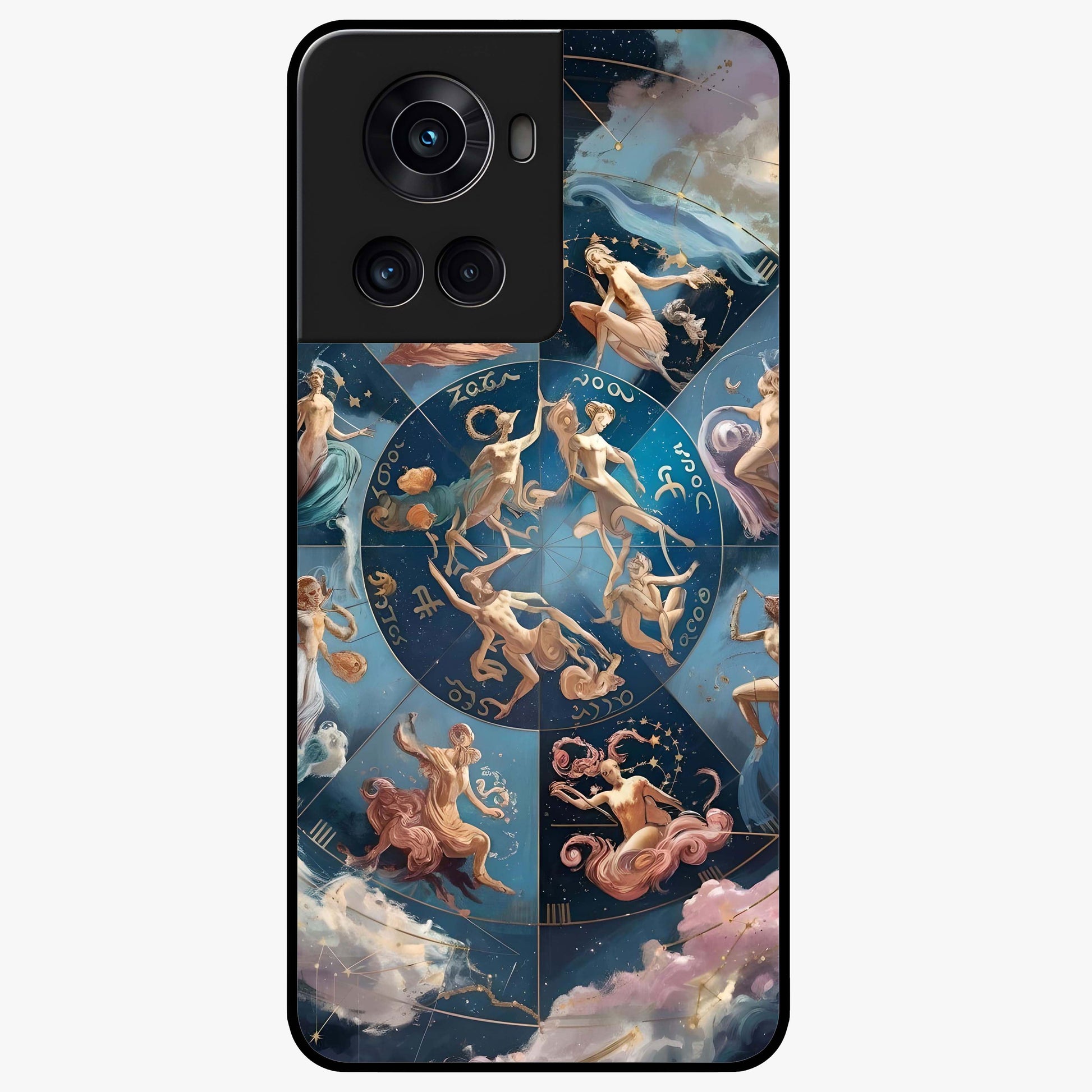 Celestial Signs Dance Glass Case for 1+10R artistic front view featuring zodiac inspired celestial symbol artwork