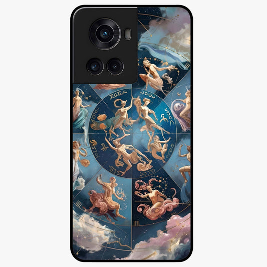Celestial Signs Dance Glass Case for 1+10R artistic front view featuring zodiac inspired celestial symbol artwork