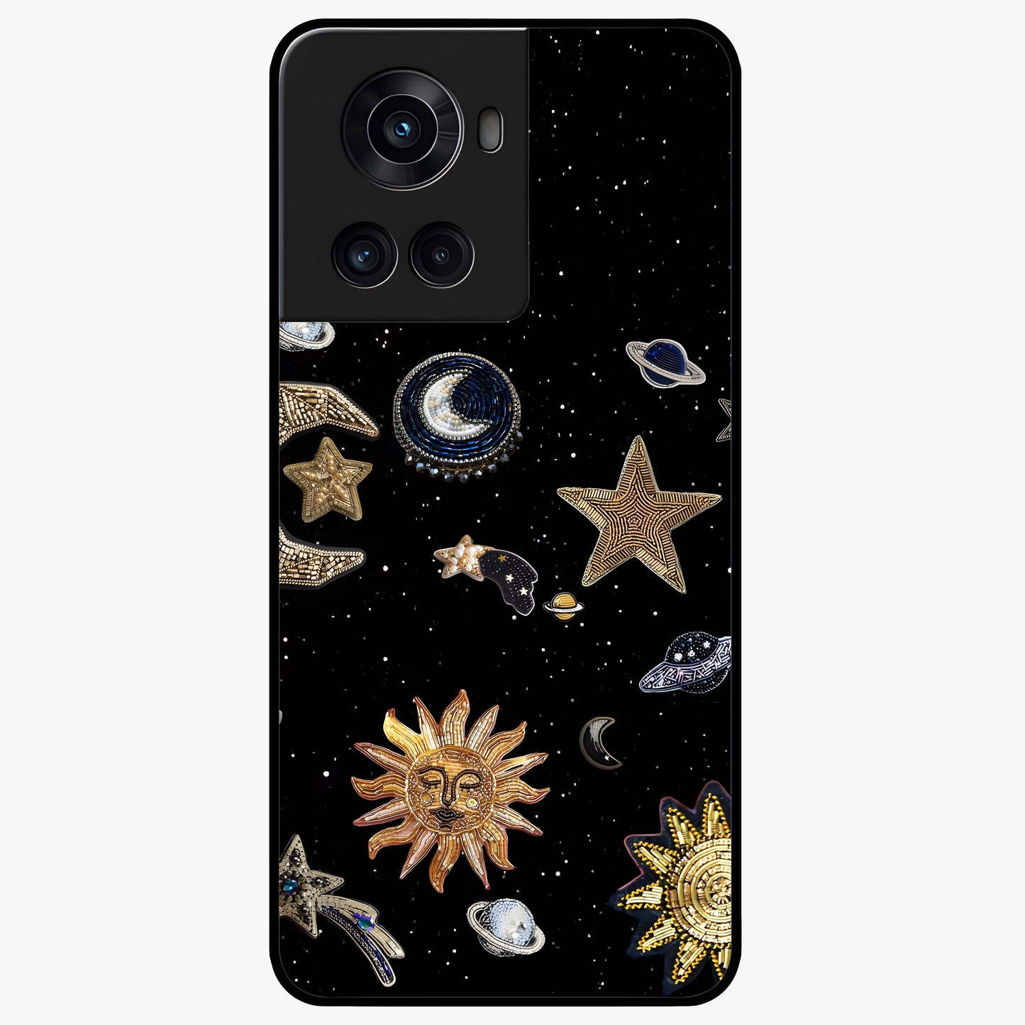 Celestial Star Charm Glass Case for 1+10R radiant front view featuring star inspired cosmic artwork