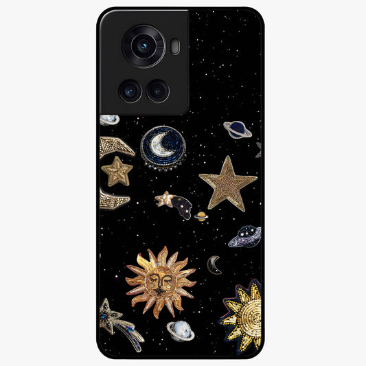 Celestial Star Charm Glass Case for 1+10R radiant front view featuring star inspired cosmic artwork