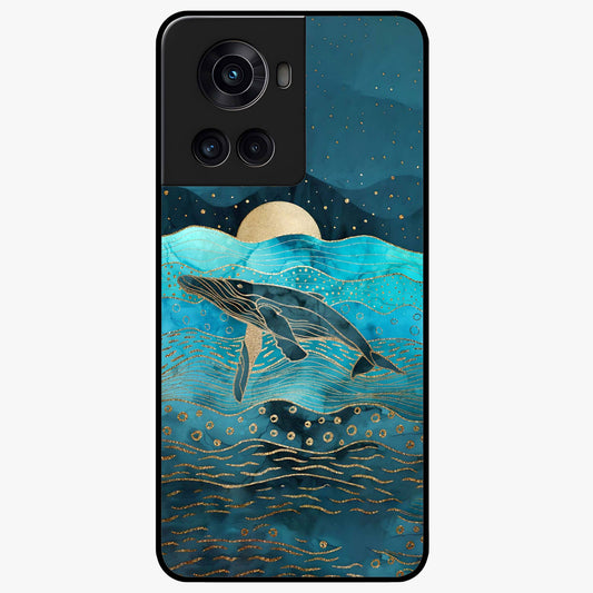 Celestial Whale Voyage Glass Case for 1+10R dreamy front view featuring whale artwork against cosmic sky backdrop