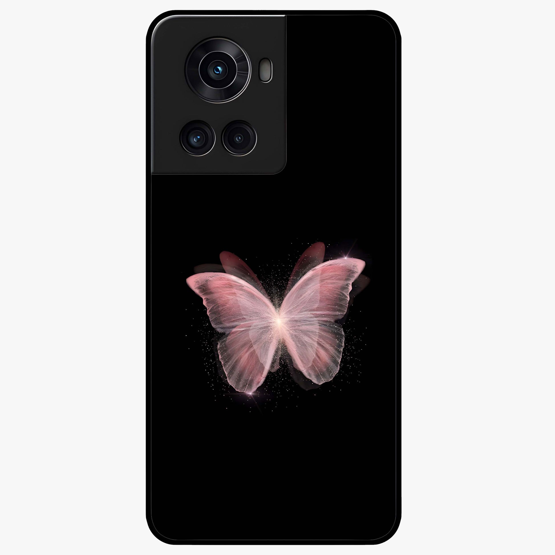 Celestial Wings Butterfly Glass Case for 1+10R elegant front view featuring butterfly artwork with cosmic accents
