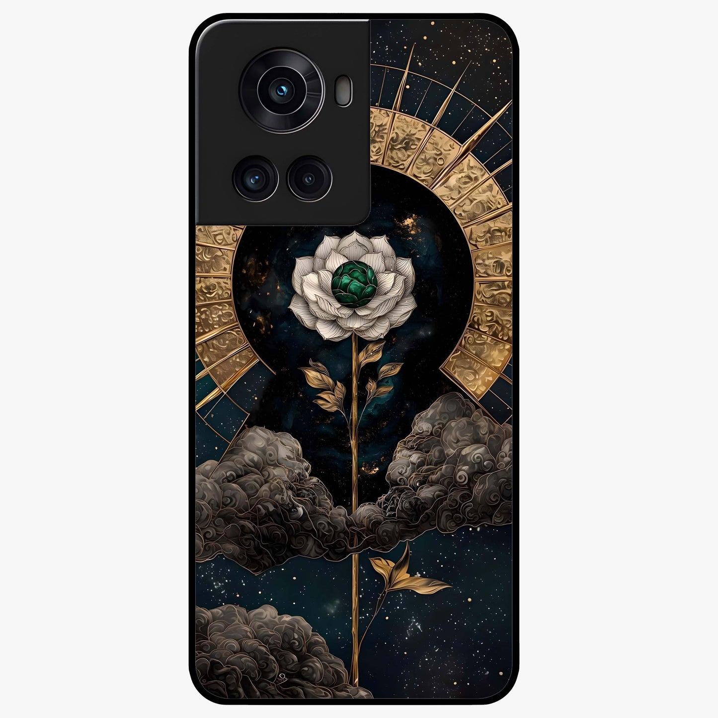 Cosmic Bloom Rose Glass Case for 1+10R elegant front view featuring rose artwork blended with cosmic background