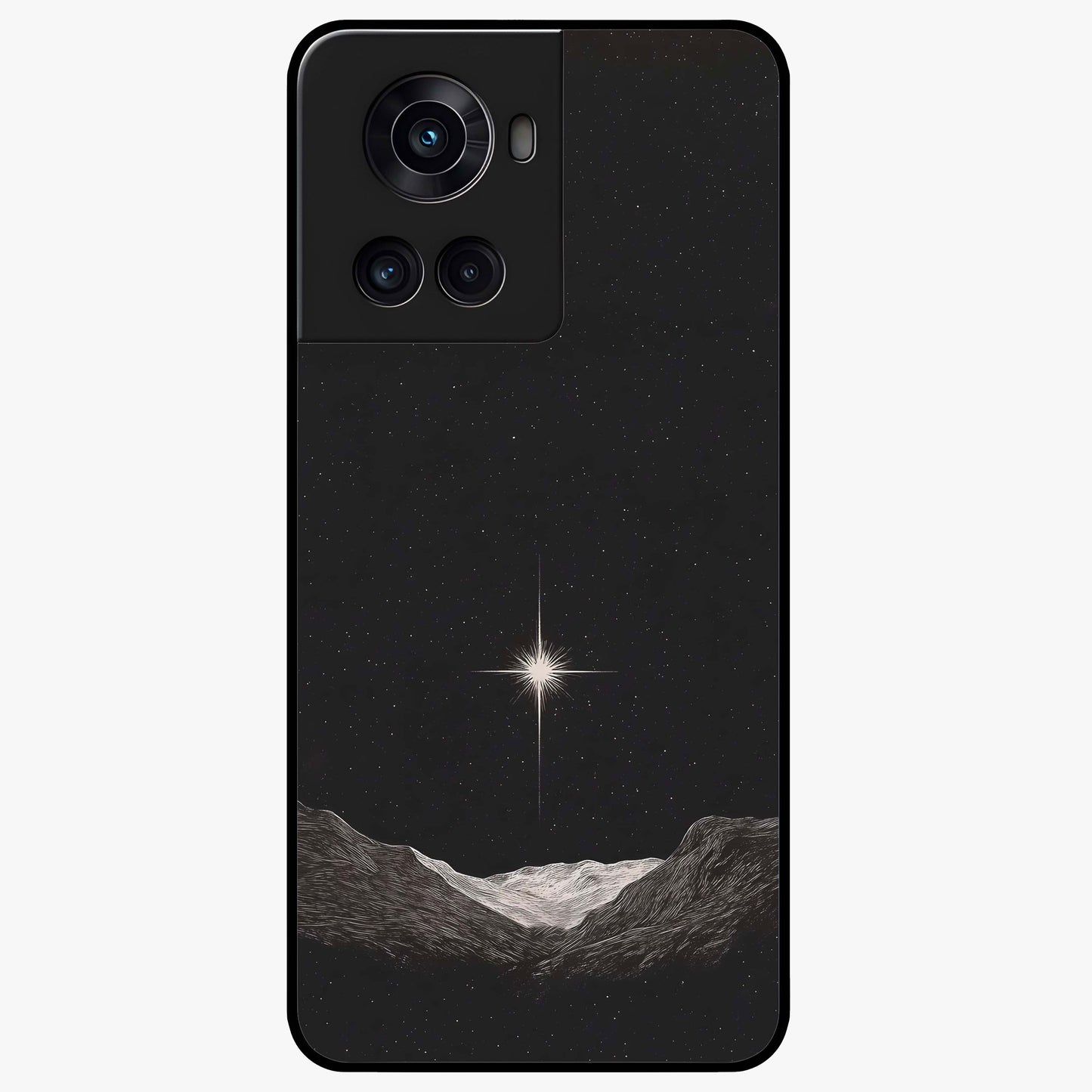 Cosmic Dream Night Glass Case for 1+10R dreamy front view featuring deep night sky artwork with glowing stars
