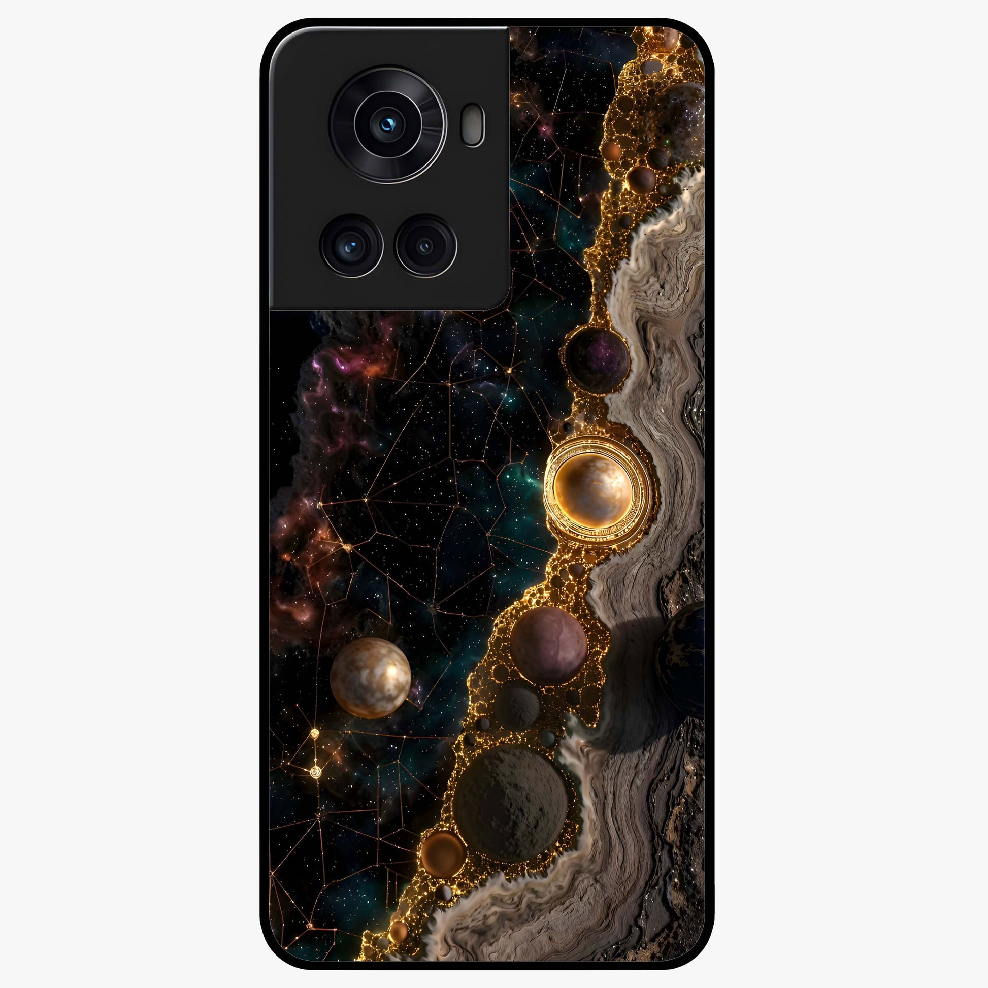 Cosmic Gold Path Glass Case for 1+10R luxurious front view featuring golden pathway artwork against cosmic backdrop
