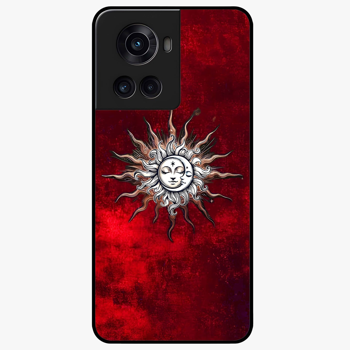 Cosmic Twin Eclipse Glass Case for 1+10R dramatic front view featuring dual eclipse artwork with deep space tones