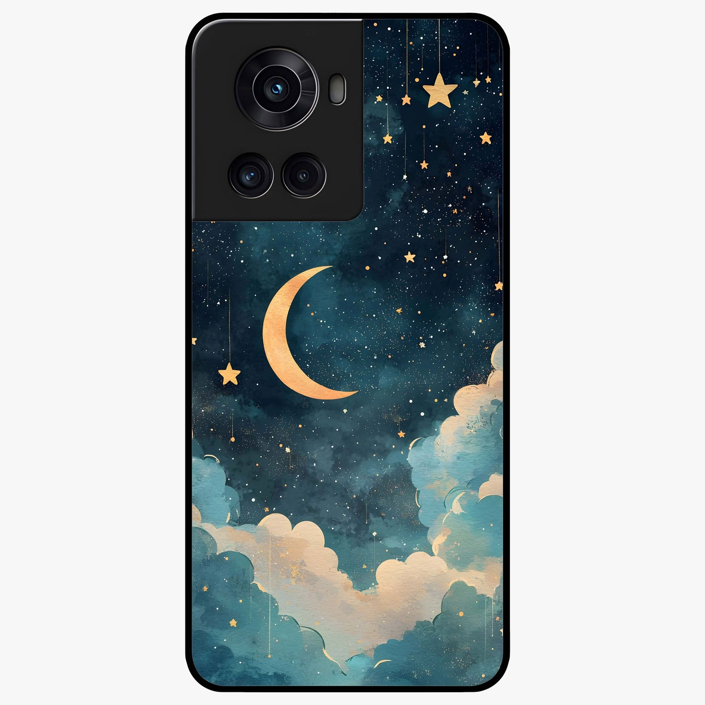 Crescent Galaxy Moon Glass Case for 1+10R mystical front view featuring crescent moon artwork with cosmic background