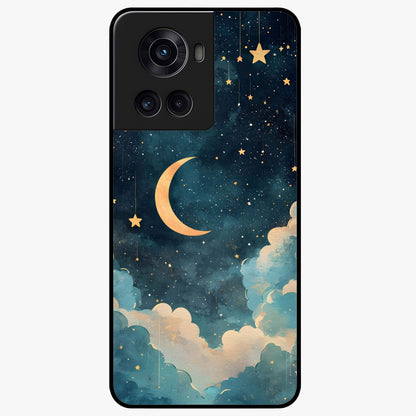 Crescent Galaxy Moon Glass Case for 1+10R mystical front view featuring crescent moon artwork with cosmic background