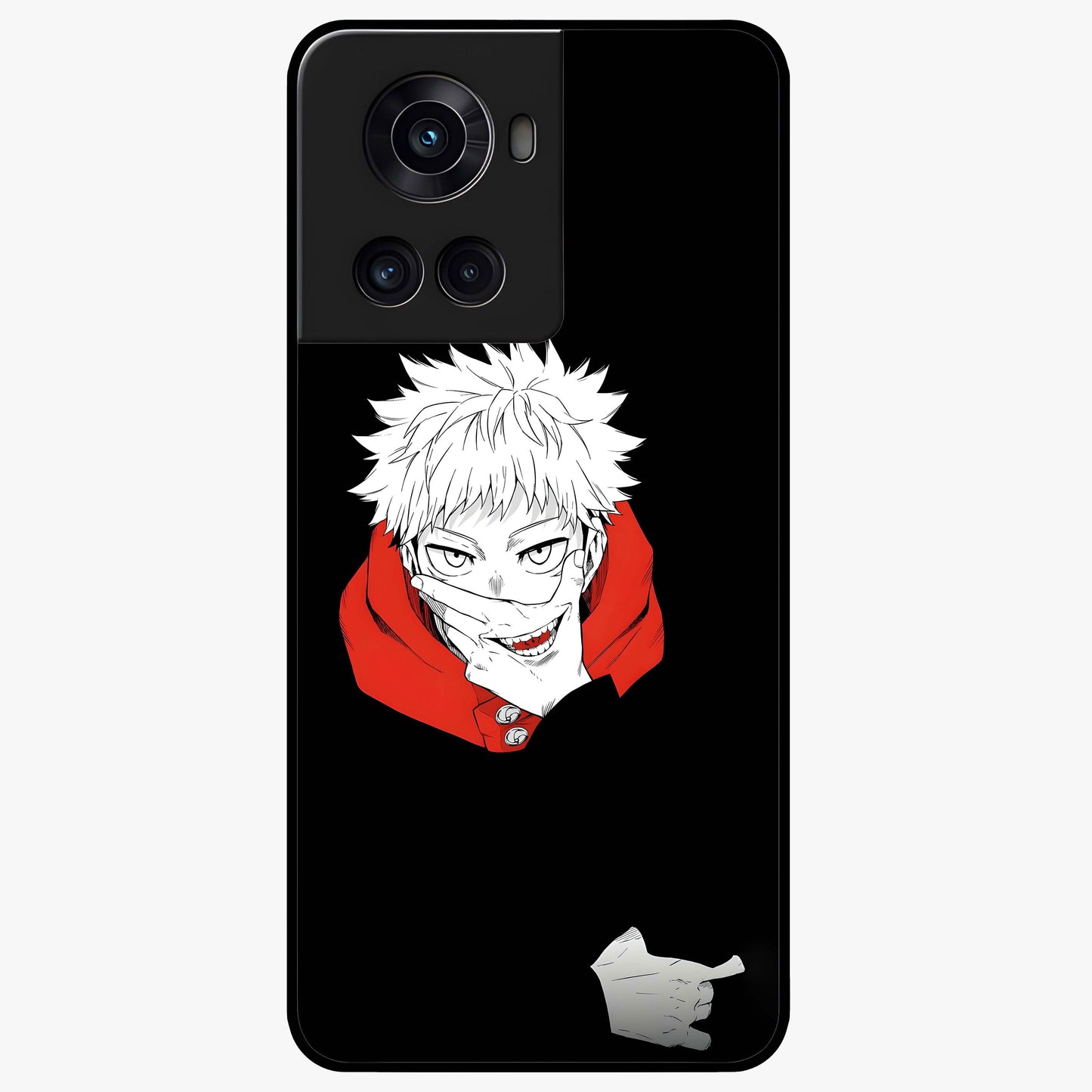 Crimson Chaos Smile Glass Case for 1+10R bold front view featuring edgy smile artwork in deep crimson tones