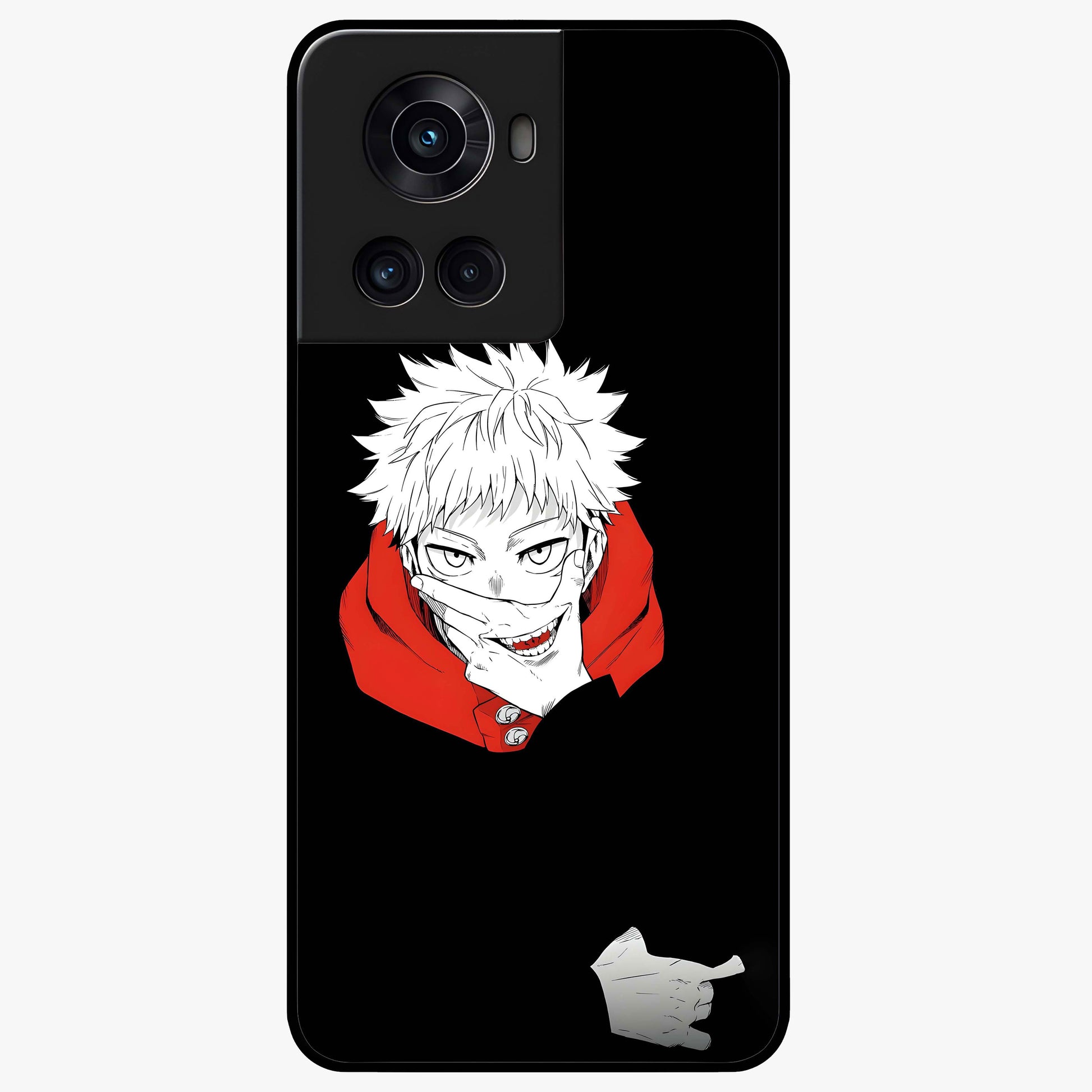 Crimson Chaos Smile Glass Case for 1+10R bold front view featuring edgy smile artwork in deep crimson tones