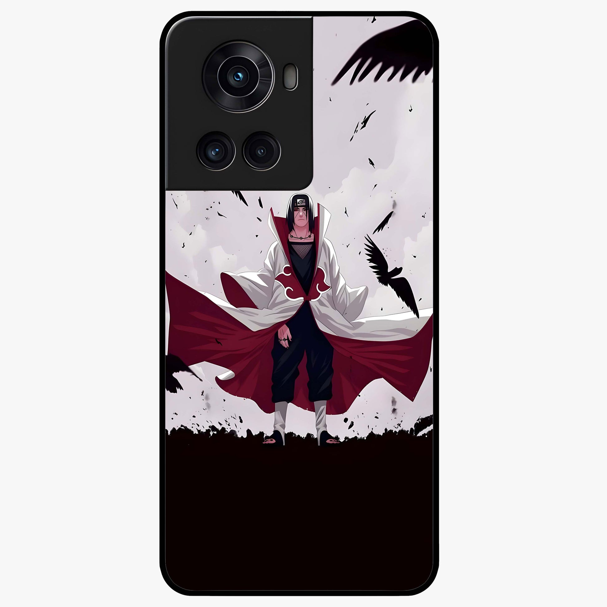 Crimson Crow Ascension Glass Case for 1+10R powerful front view featuring crow artwork with dark crimson background