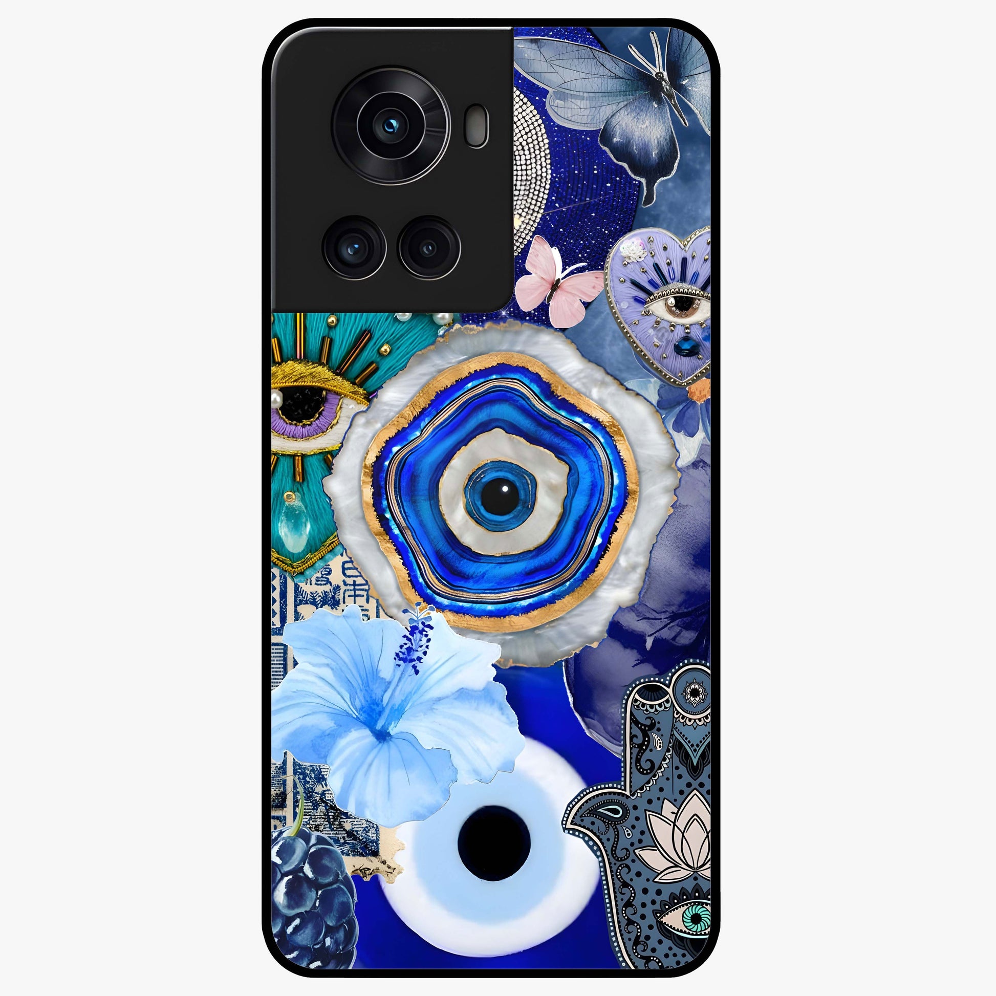 Crimson Evil Eye Charm Glass Case for 1+10R bold front view featuring protective evil eye artwork in deep red tones