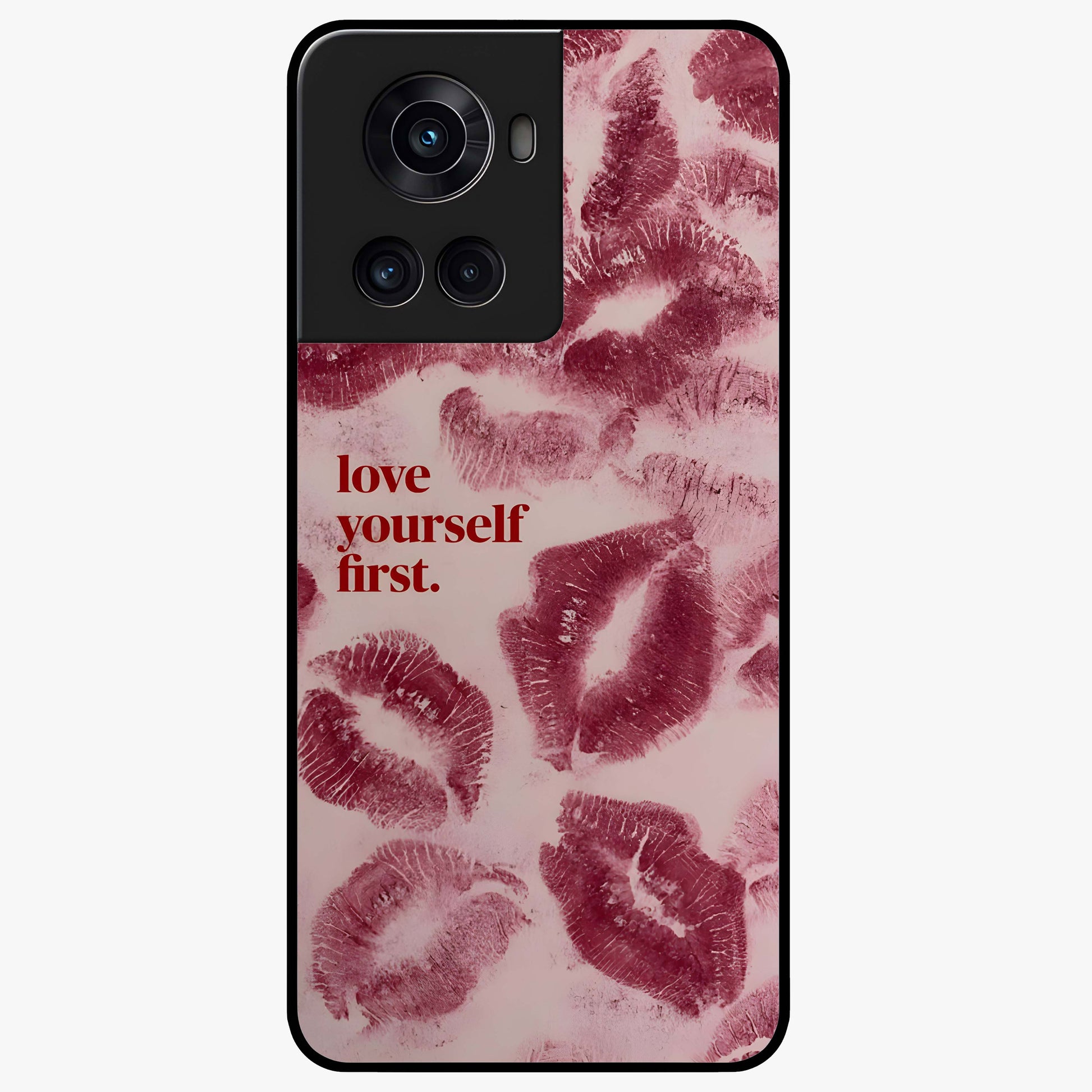 Crimson Kiss Love Glass Case for 1+10R romantic front view featuring bold crimson love inspired artwork