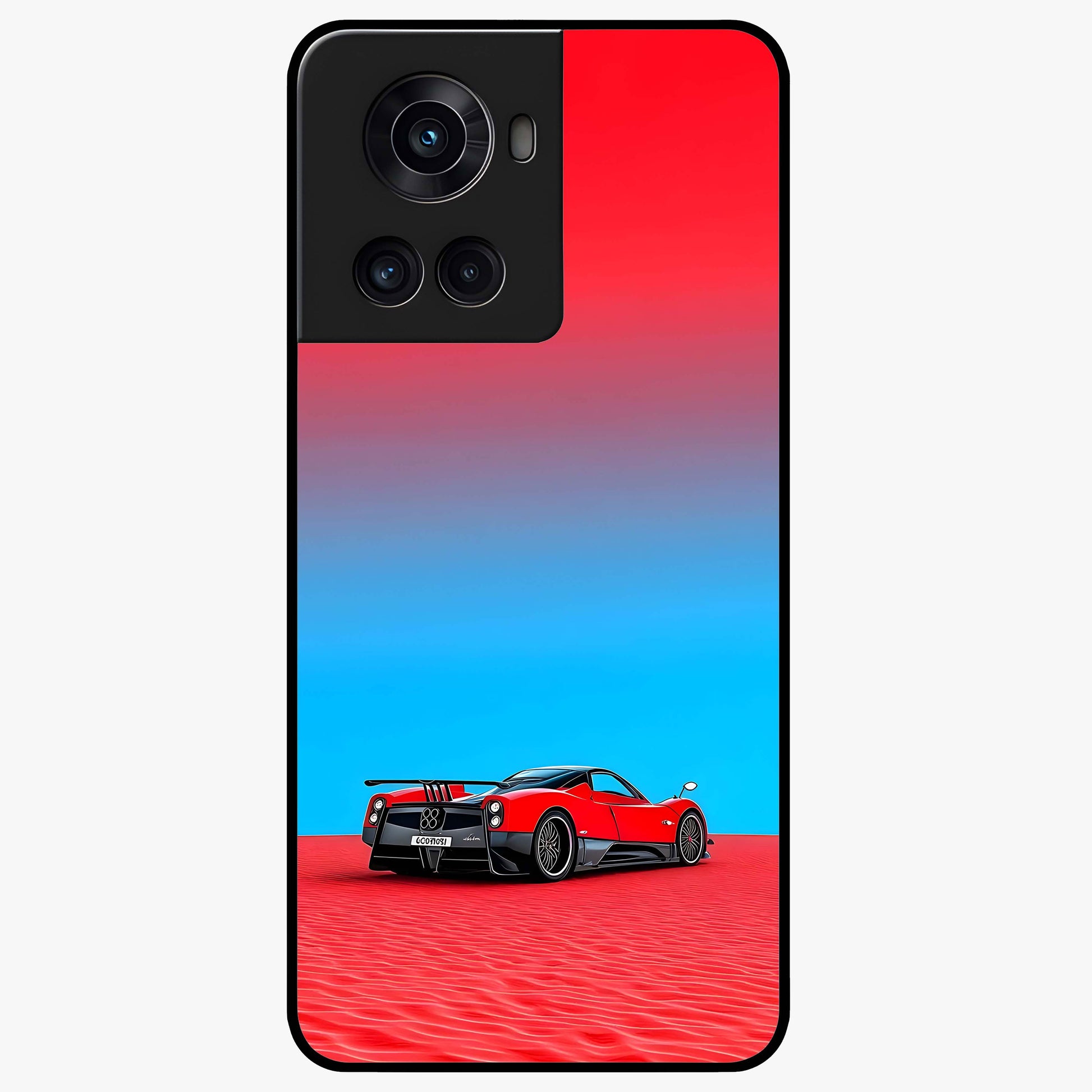 Crimson Speed Mirage Glass Case for 1+10R sleek front view featuring racing inspired red motion artwork