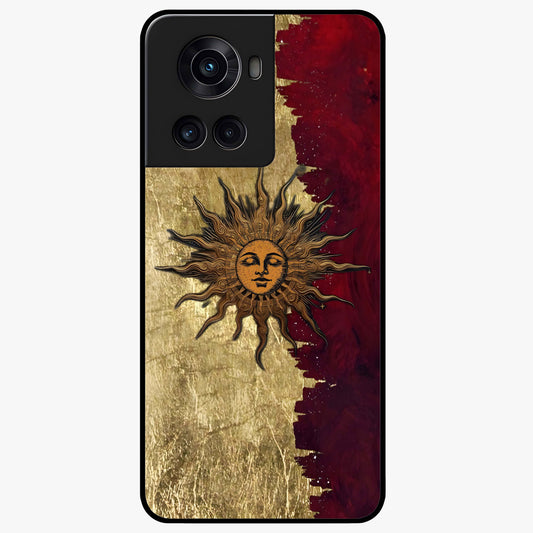 Crimson Sun Majesty Glass Case for 1+10R radiant front view featuring glowing sun artwork in deep red hues