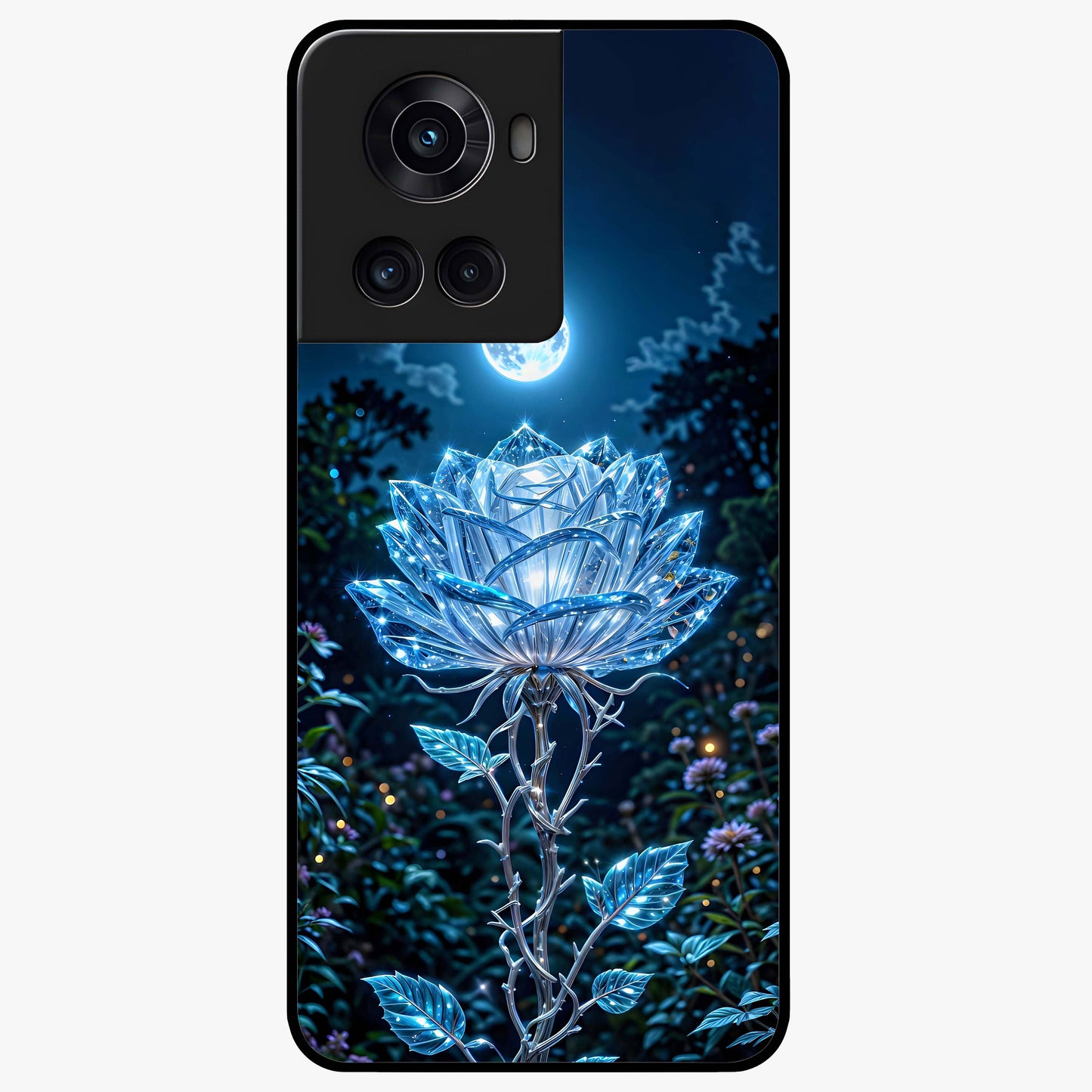 Crystal Moon Lotus Glass Case for 1+10R serene front view featuring glowing lotus artwork under crystal moonlight