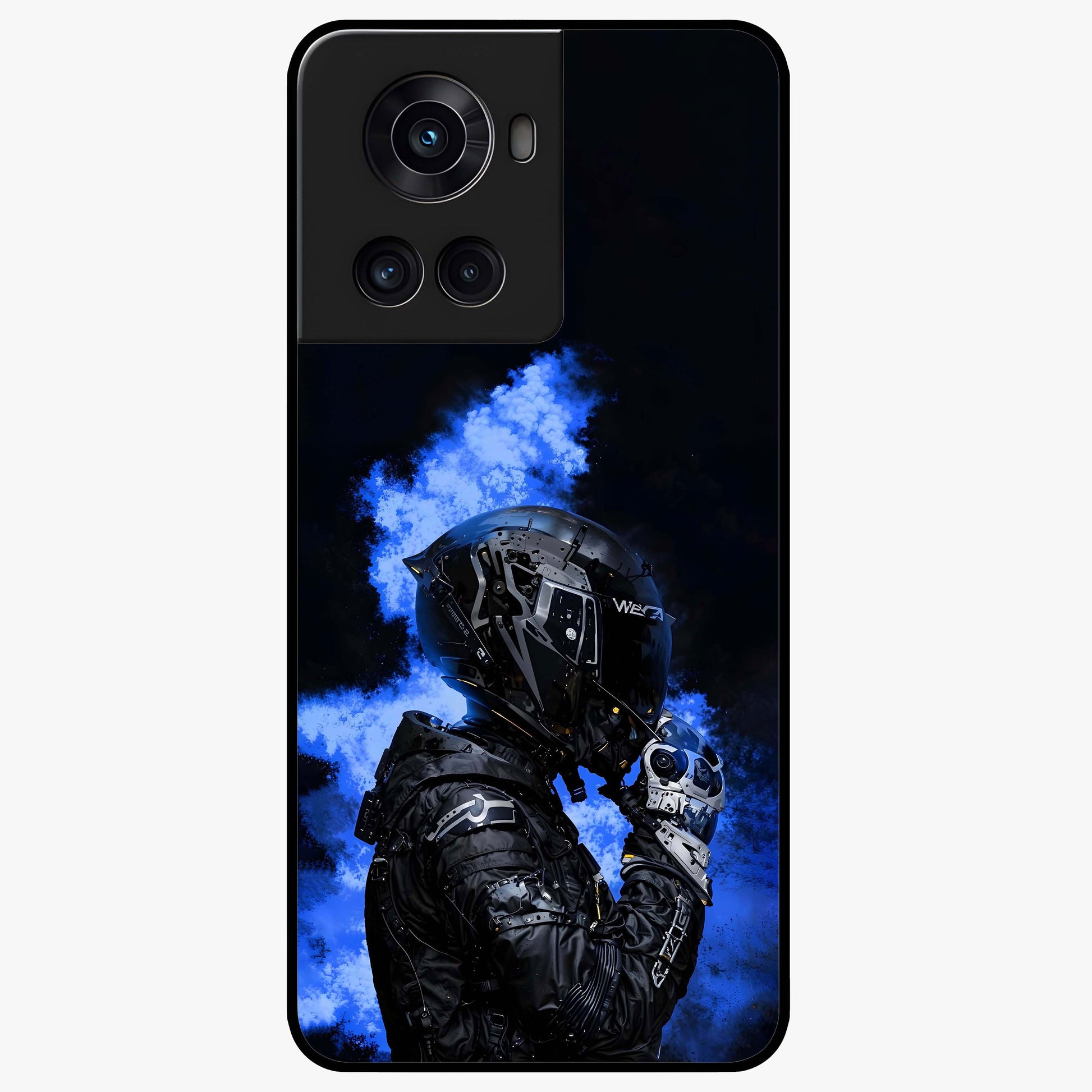 Cyber Sentinel Protocol Glass Case for 1+10R bold front view featuring futuristic cyberpunk inspired artwork