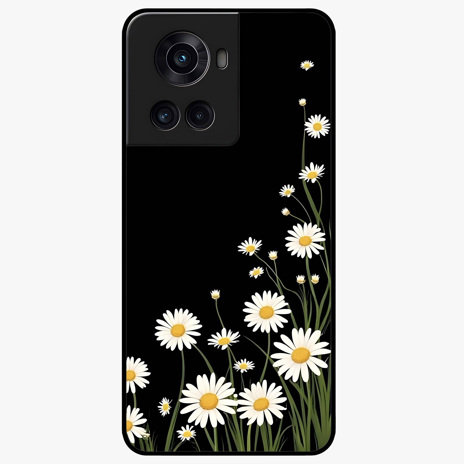 Daisy Cascade on Black Glass Case for 1+10R elegant front view featuring white daisy artwork on deep black background