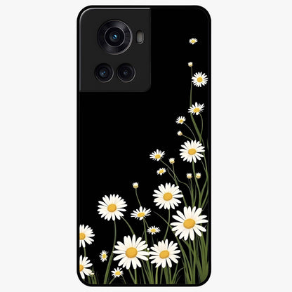 Daisy Cascade on Black Glass Case for 1+10R elegant front view featuring white daisy artwork on deep black background
