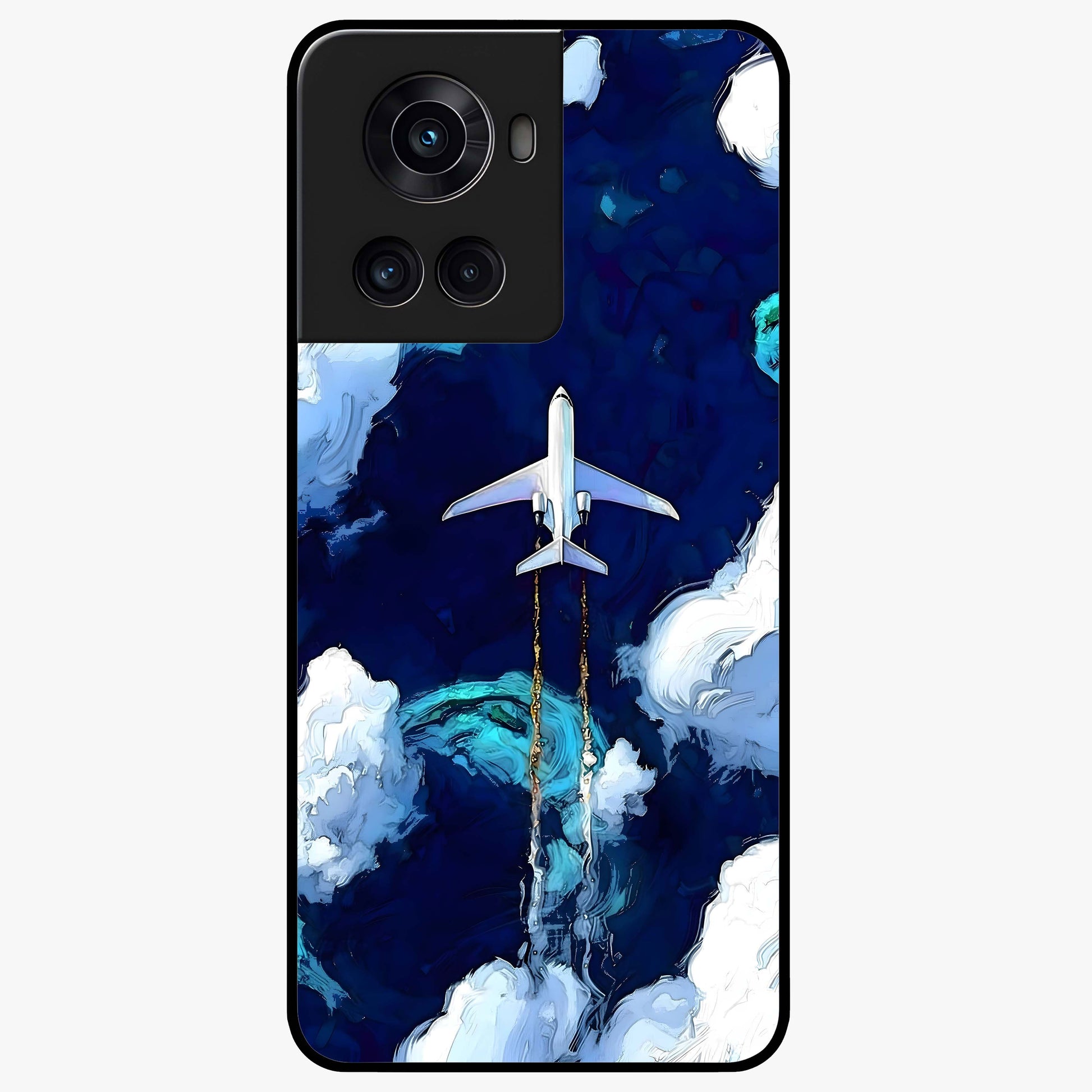 Dark Airplane Glass Case for 1+10R bold front view featuring airplane silhouette artwork on dark background