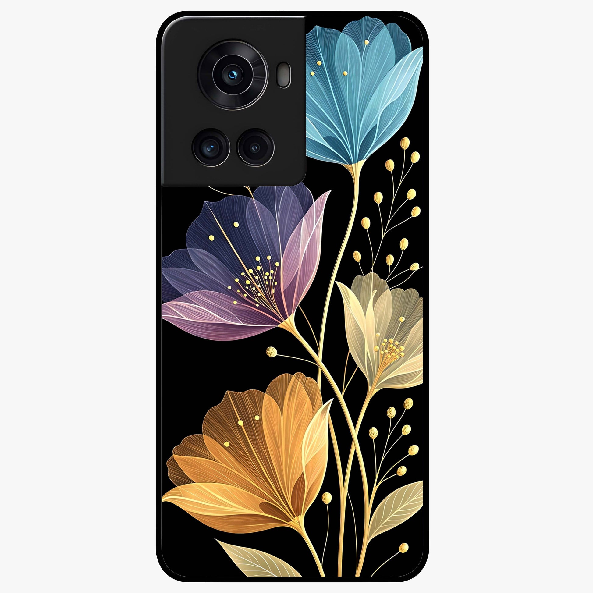 Delicate Multicolor Flowers Glass Case for 1+10R vibrant front view featuring soft multicolor floral artwork