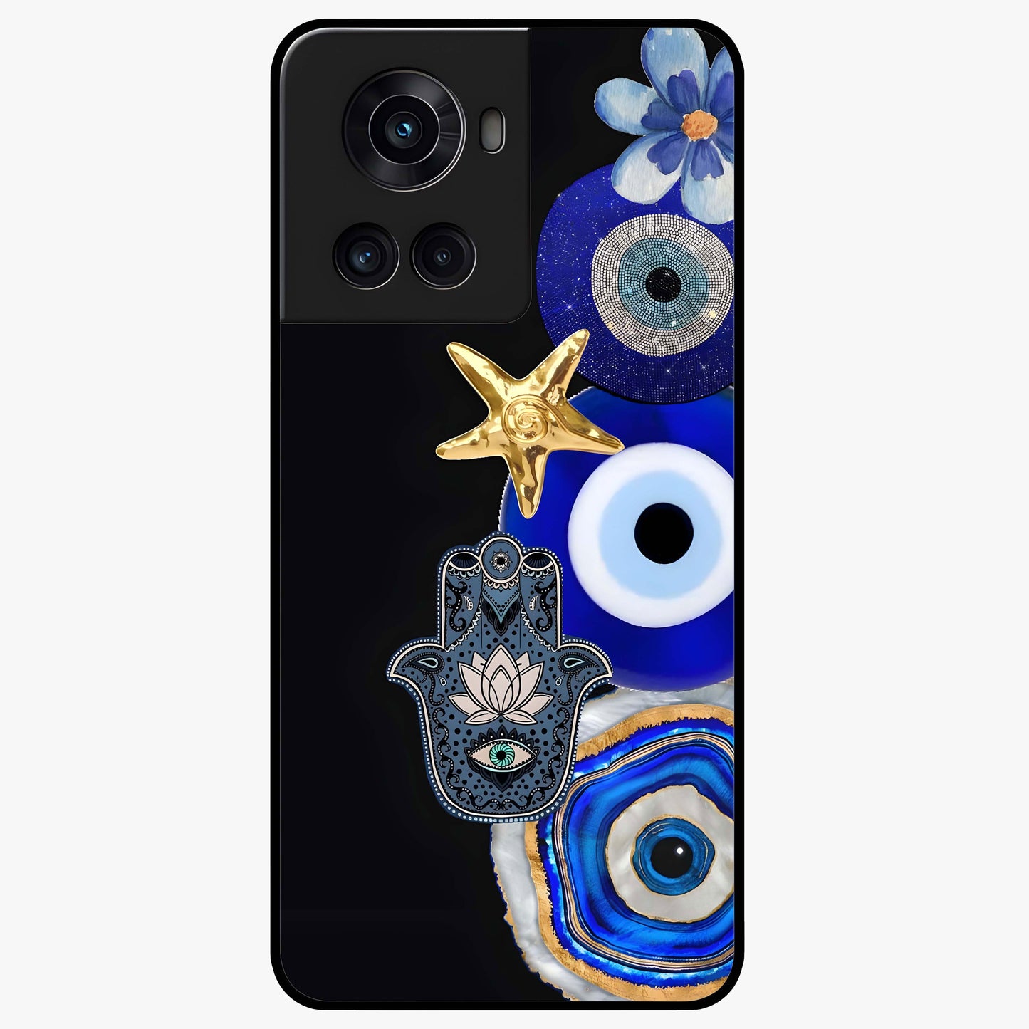 Divine Eye Bloom Glass Case for 1+10R artistic front view featuring floral evil eye inspired artwork