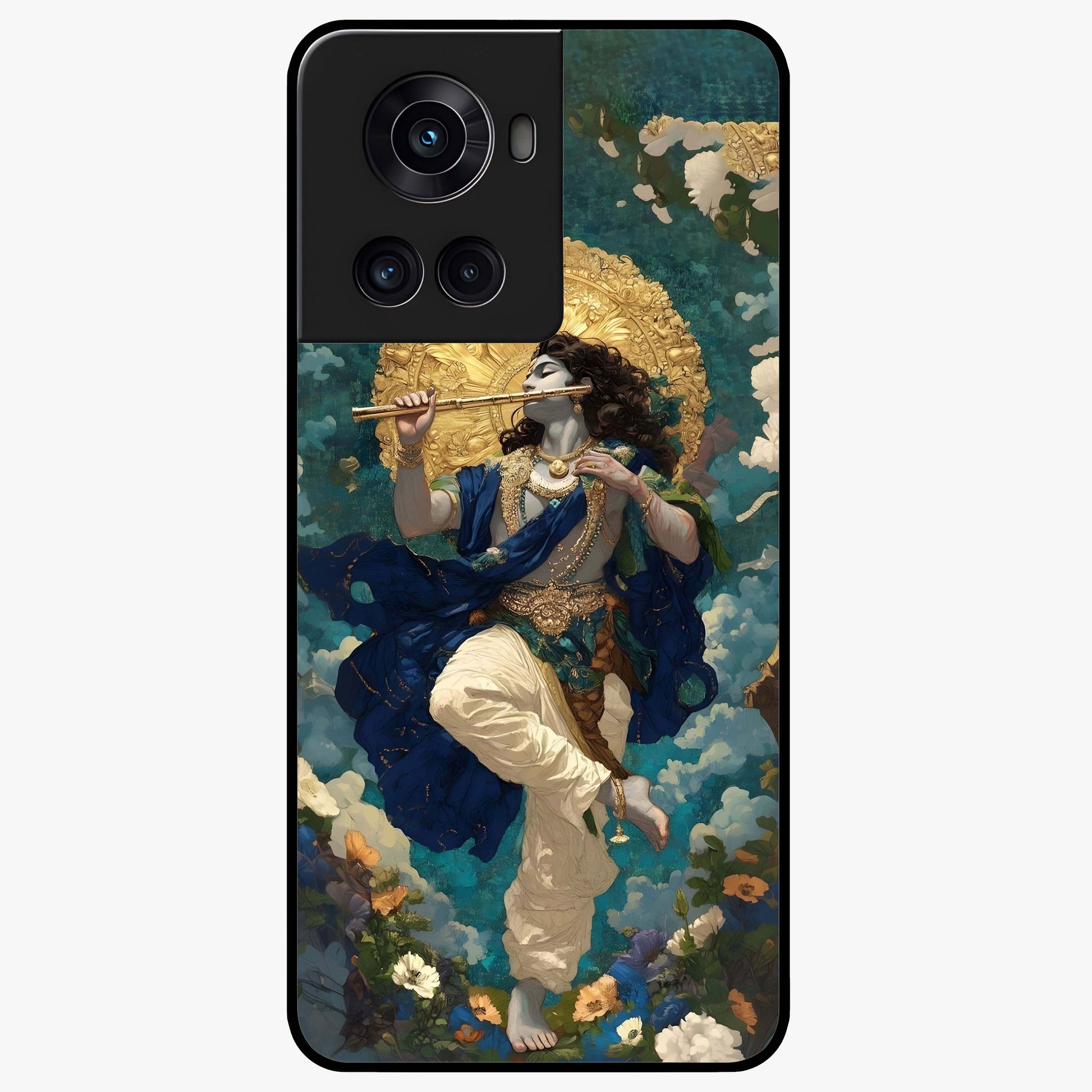 Divine Krishna Art Glass Case for 1+10R devotional front view featuring detailed Krishna artwork