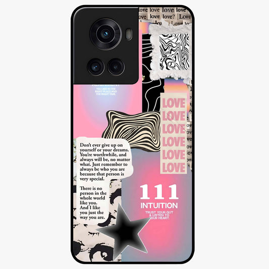 Divine Love Vibes Glass Case for 1+10R soft front view featuring romantic artistic typography design