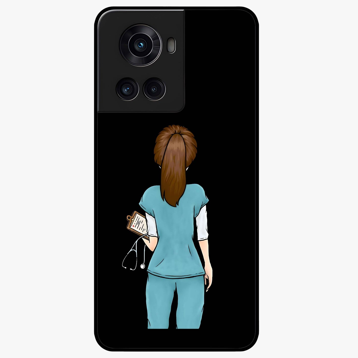 Doctor Pattern Custom Name Glass Case for 1+10R professional front view featuring medical themed artwork with personalized name design