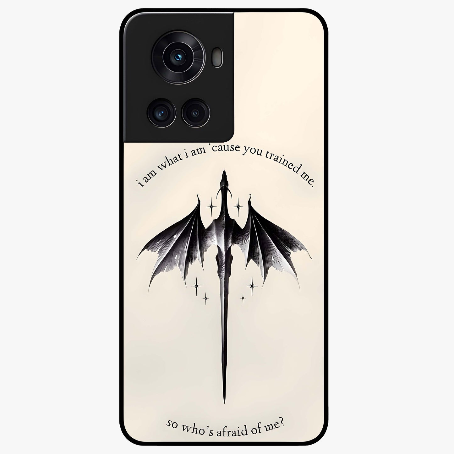 Dragon Quote Art Glass Case for 1+10R bold front view featuring dragon illustration with motivational quote artwork