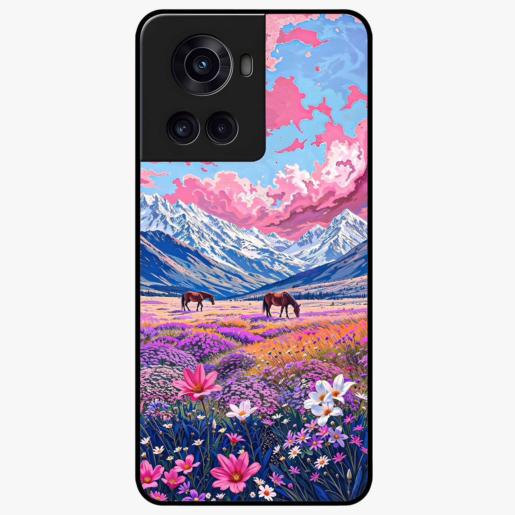 Dreamy Floral Pastures Glass Case for 1+10R soft front view featuring pastel floral meadow artwork