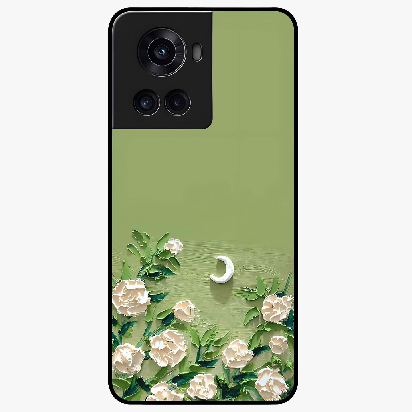Emerald Bloom Calm Glass Case for 1+10R elegant front view featuring soothing emerald floral artwork