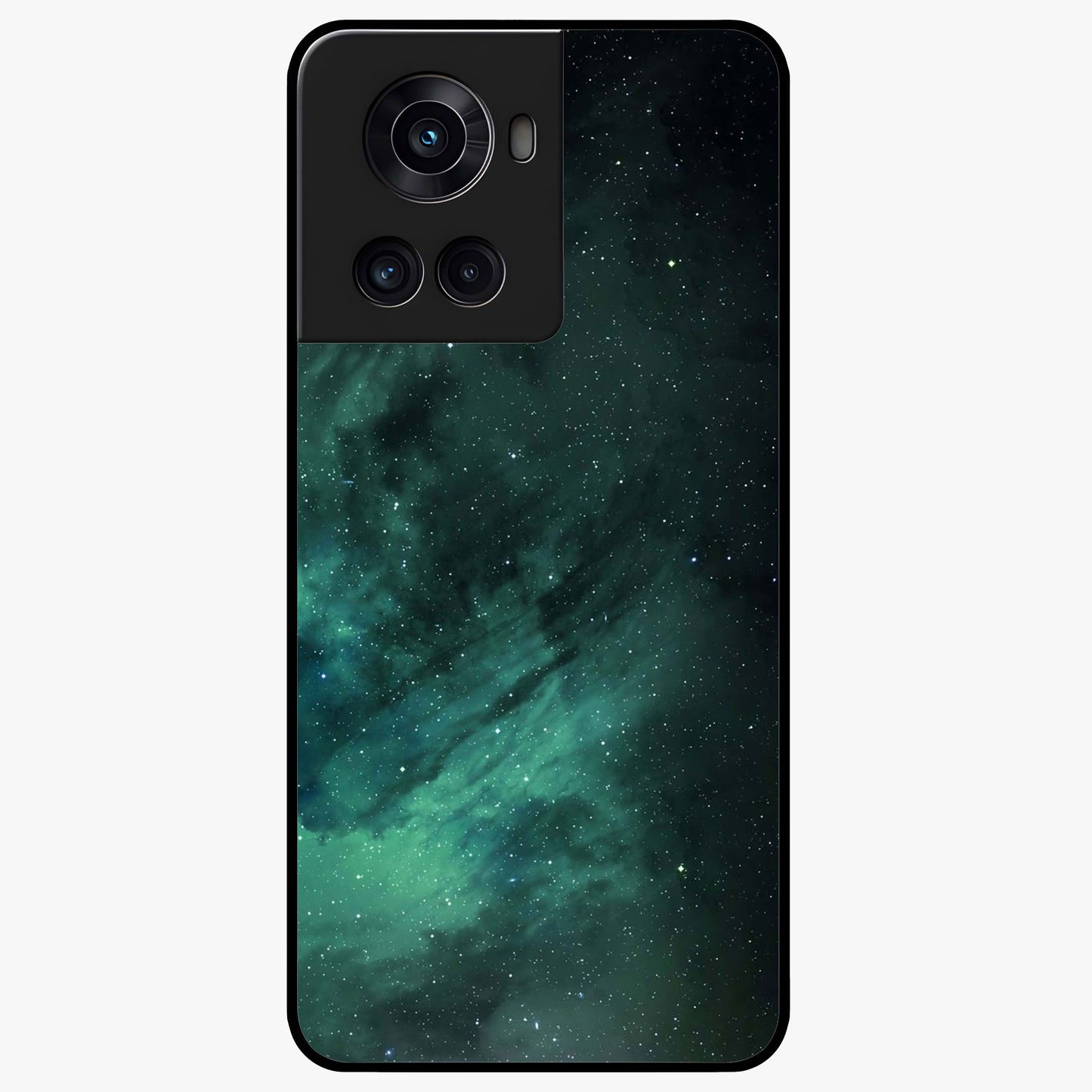 Emerald Green Space Glass Case for 1+10R vibrant front view featuring deep green cosmic inspired artwork