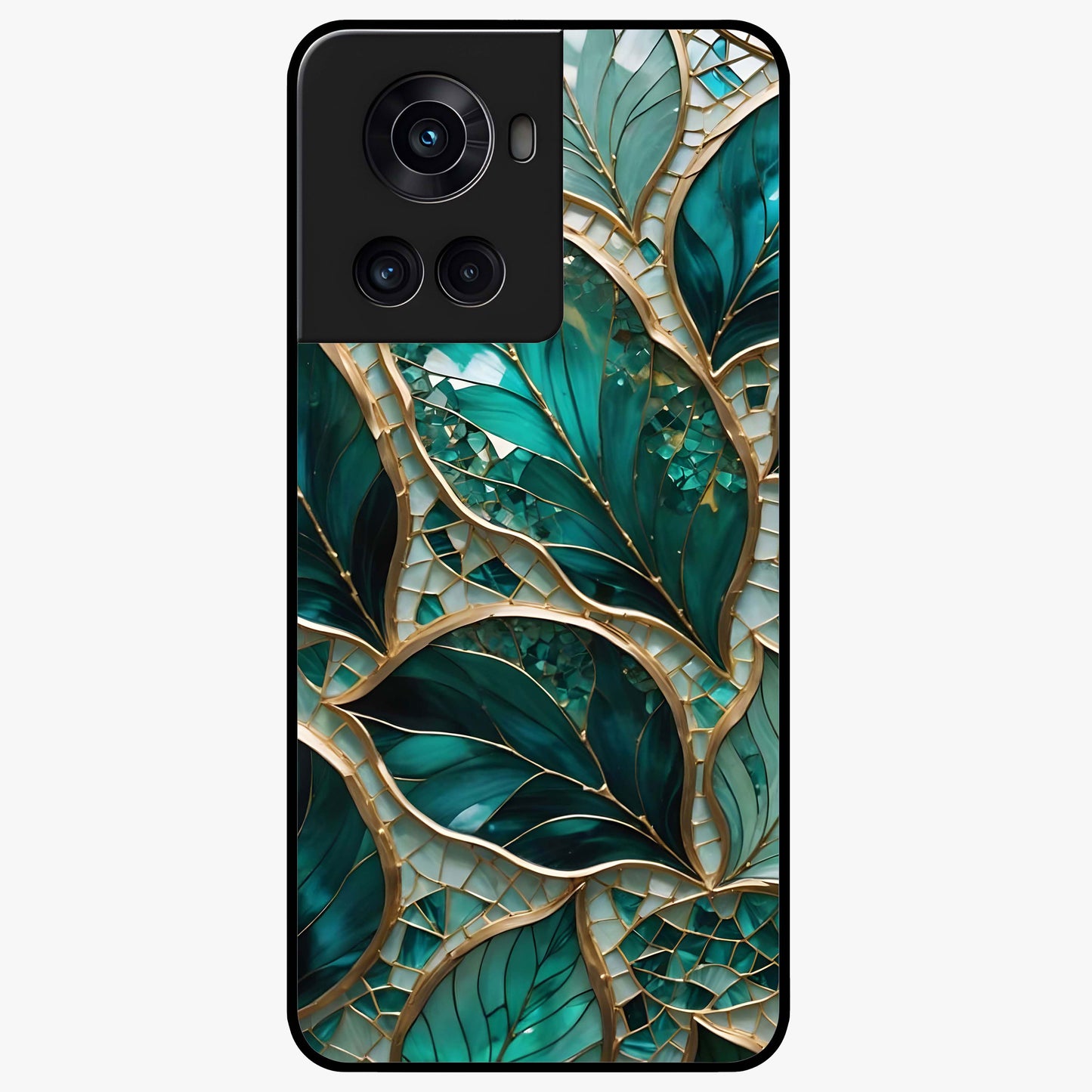 Emerald Leaf Glass Case for 1+10R minimalist front view featuring elegant green leaf artwork