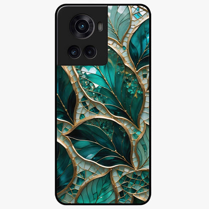Emerald Leaf Glass Case for 1+10R minimalist front view featuring elegant green leaf artwork
