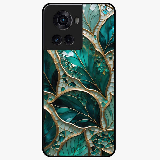 Emerald Leaf Glass Case for 1+10R minimalist front view featuring elegant green leaf artwork