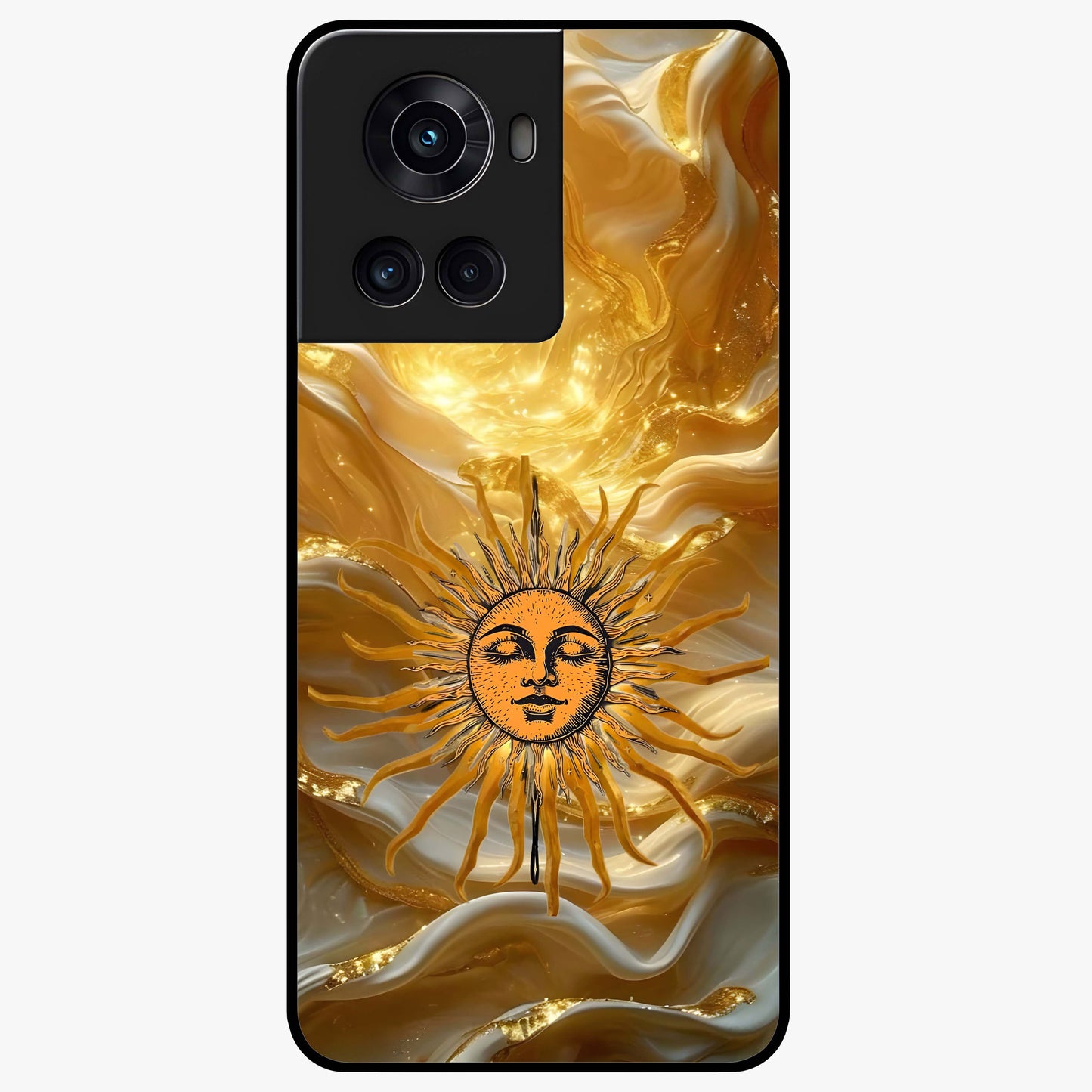 Eternal Golden Glow Glass Case for 1+10R radiant front view featuring warm golden artistic artwork
