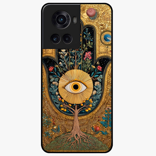 Ethereal Evil Eye Glass Case for 1+10R mystical front view featuring soft glowing evil eye artwork