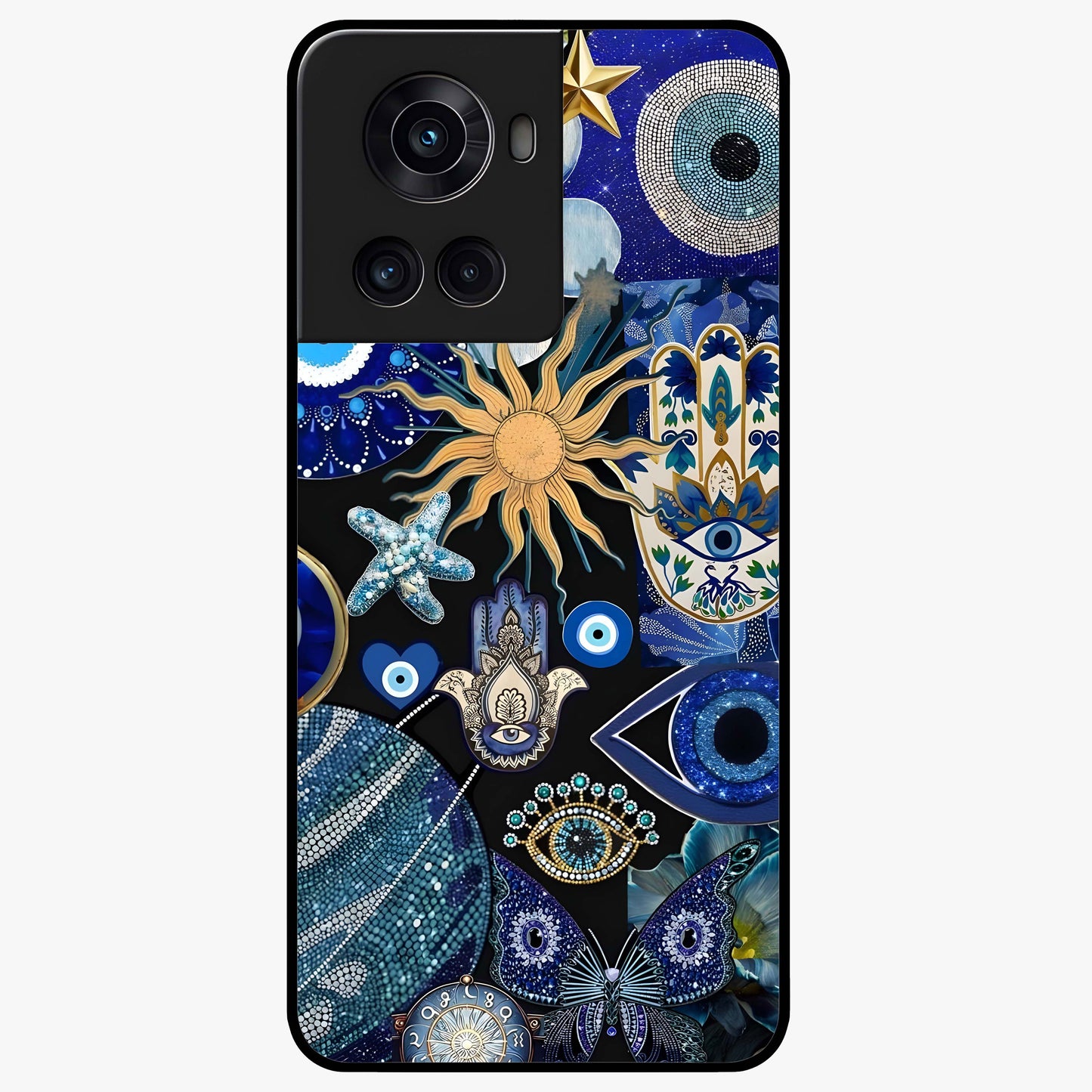 Evil Eye Charm Mix Glass Case for 1+10R vibrant front view featuring multiple evil eye charm artwork