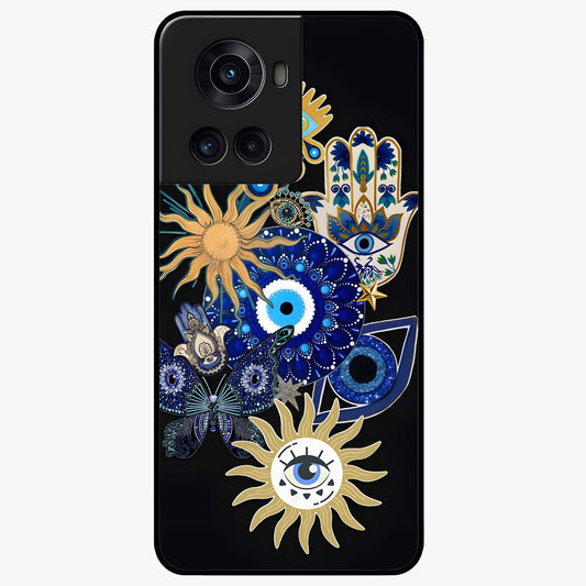 Evil Eye Charm Vibes Glass Case for 1+10R stylish front view featuring aesthetic evil eye inspired artwork