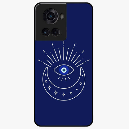 Evil Eye With Blue Themed Collage Glass Case for 1+10R artistic front view featuring blue collage style evil eye artwork