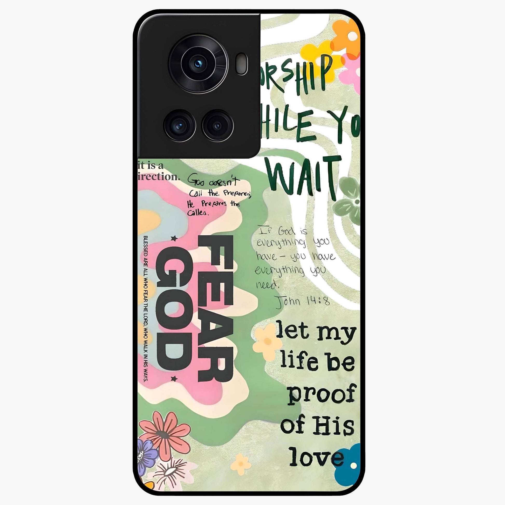 Faith Over Fear Glass Case for 1+10R inspirational front view featuring bold motivational typography artwork