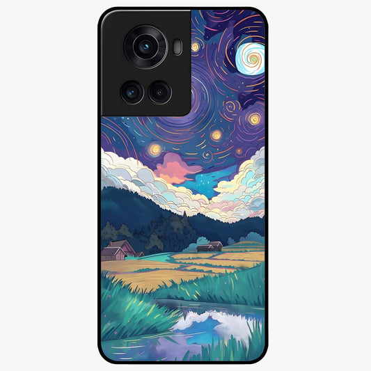 Fields Beneath the Cosmos Glass Case for 1+10R dreamy front view featuring meadow landscape under cosmic sky