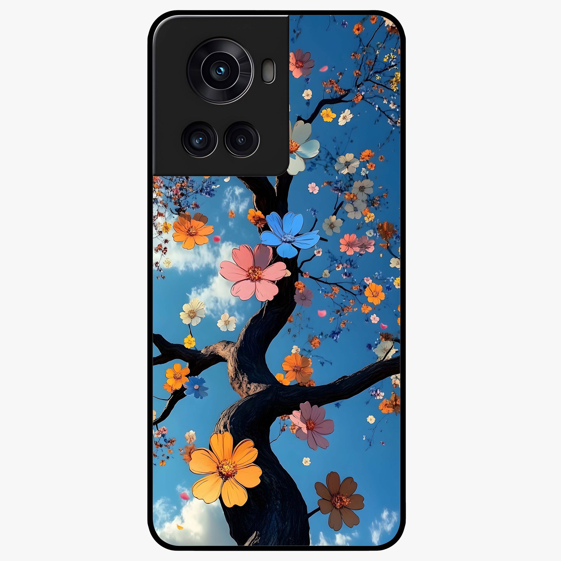 Floral Tree Glass Case for 1+10R elegant front view featuring blooming tree artwork